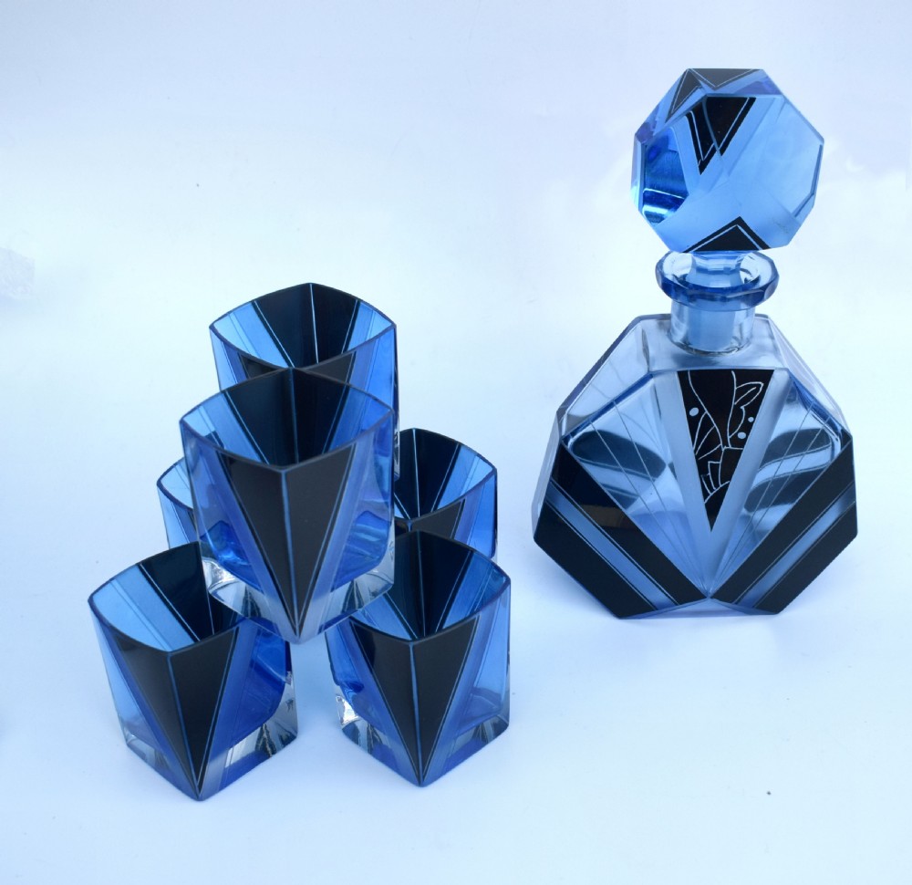 Art Deco Blue Glass Whisky Decanter Set, c1930 View X