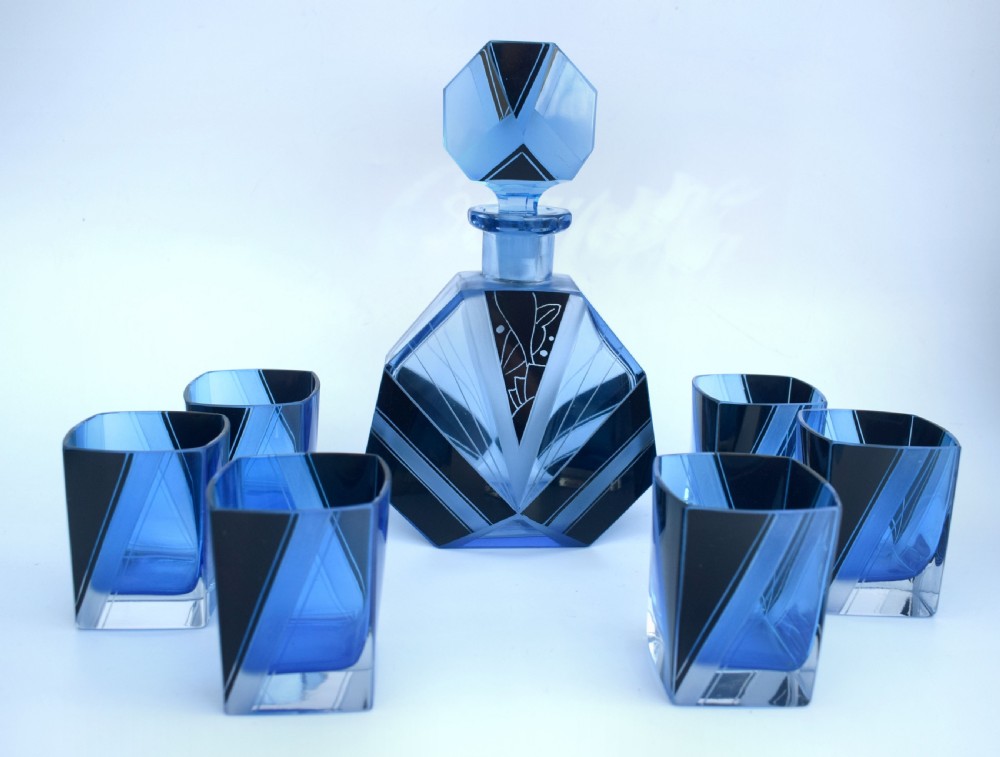 Art Deco Blue Glass Whisky Decanter Set, c1930 View XI