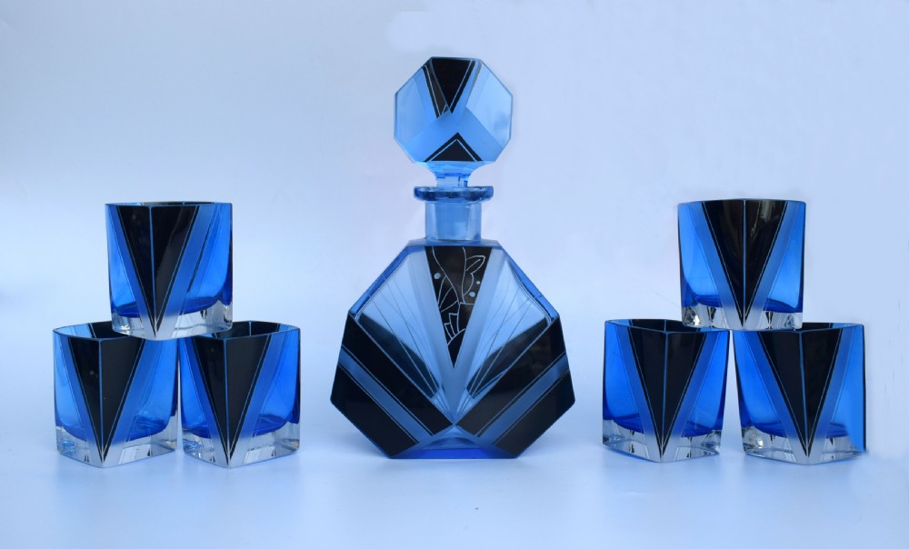 Art Deco Blue Glass Whisky Decanter Set, c1930 View XII