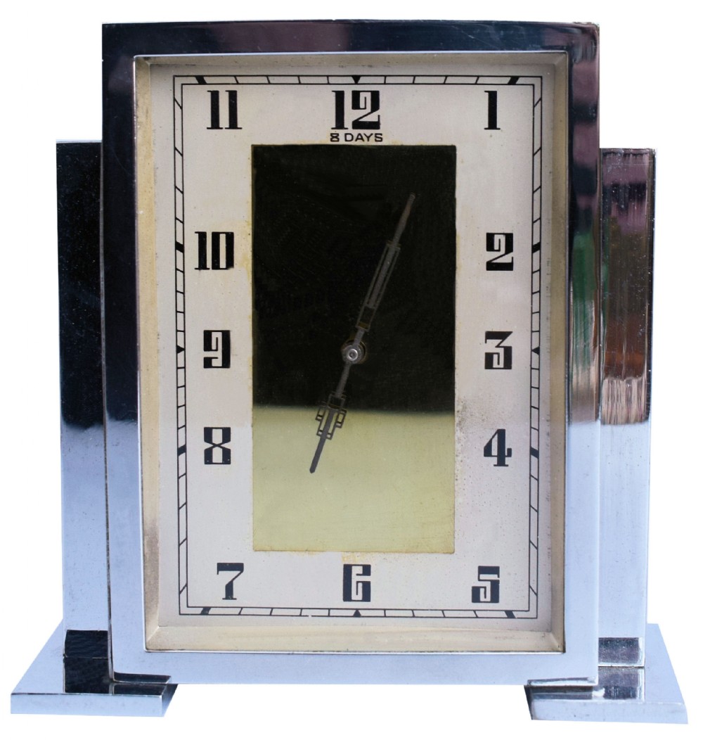 Art Deco Chrome English Mantle Clock, 8 Day, Circa 1930