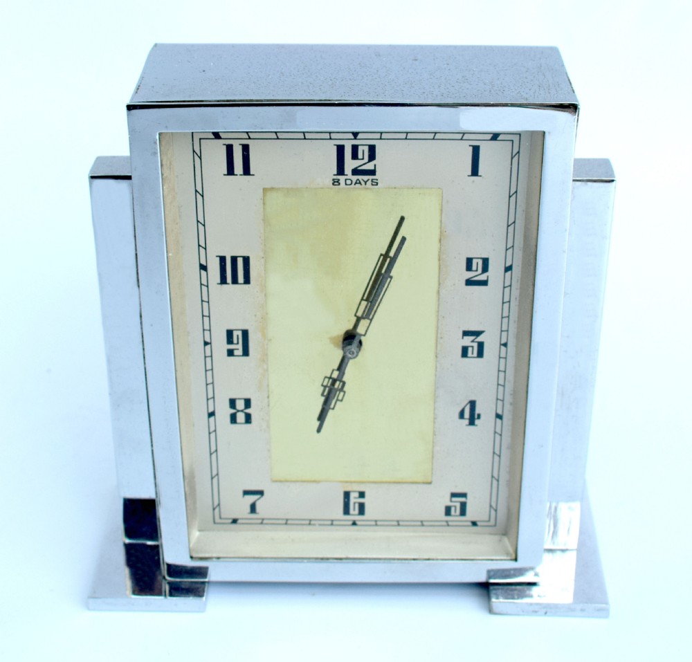Art Deco Chrome English Mantle Clock, 8 Day, Circa 1930 View III