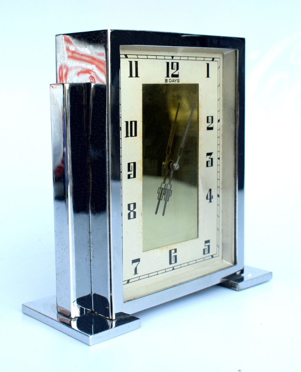 Art Deco Chrome English Mantle Clock, 8 Day, Circa 1930 View IV