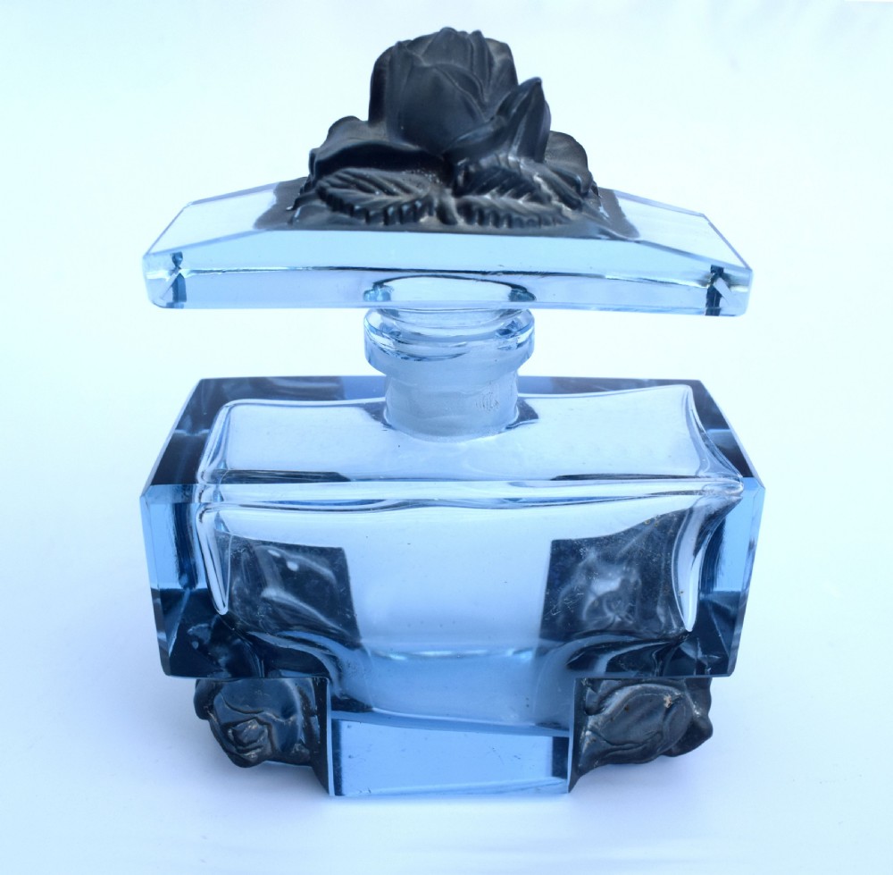 1930s Art Deco Blue Glass Czech Perfume Bottle View II