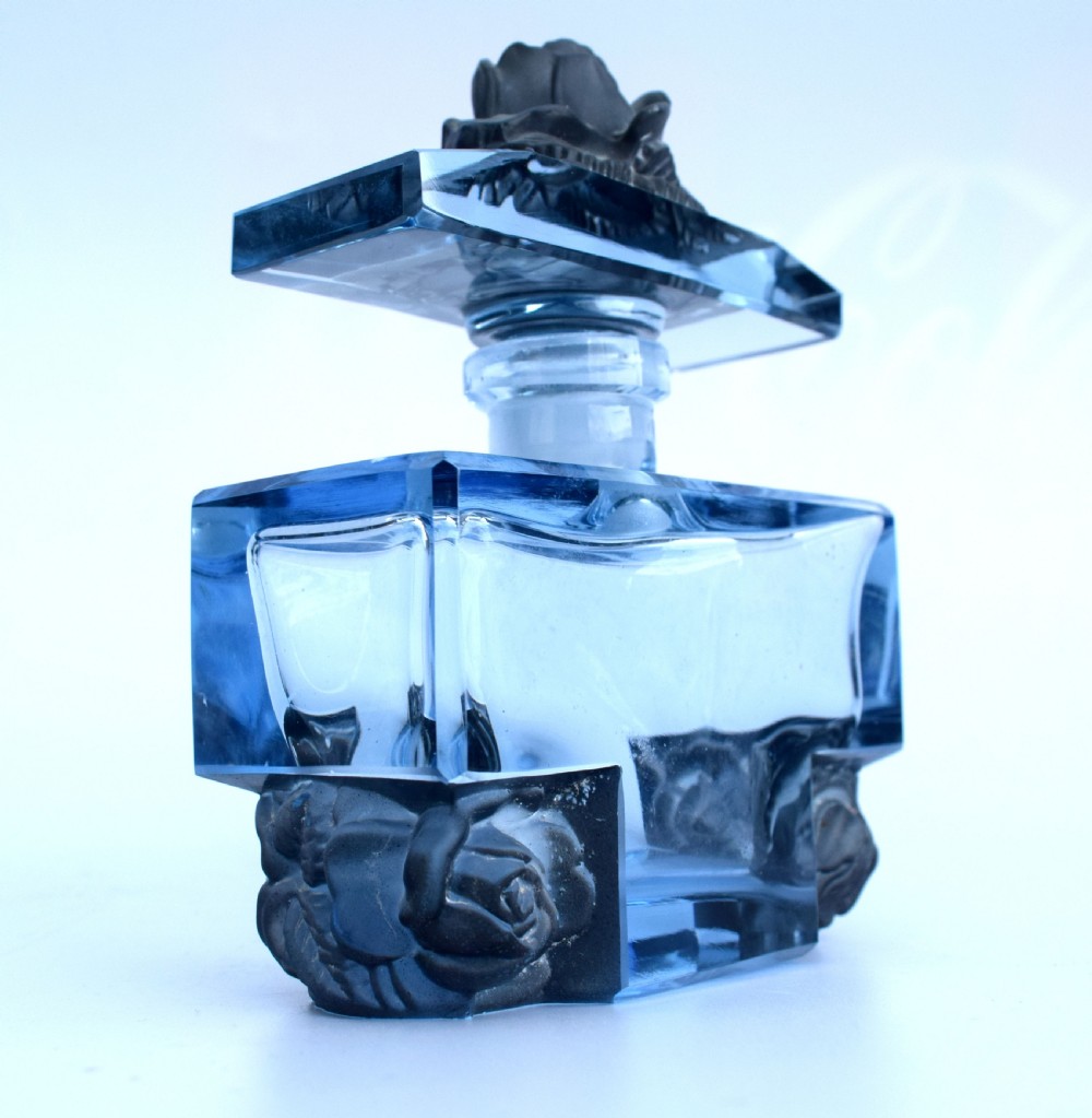1930s Art Deco Blue Glass Czech Perfume Bottle View III
