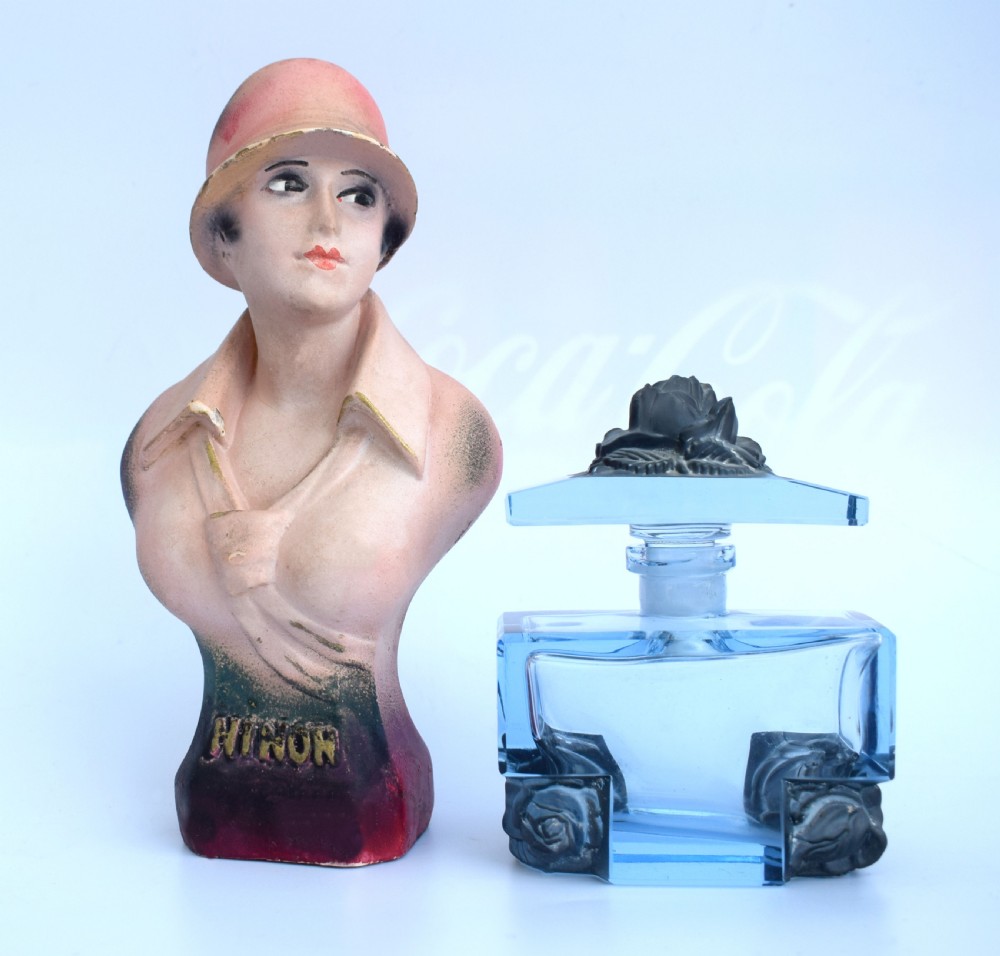 1930s Art Deco Blue Glass Czech Perfume Bottle View X
