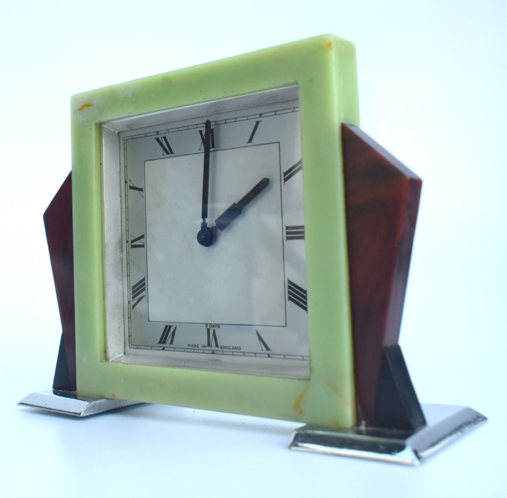 Art Deco English 8 Day Bakelite & Chrome Mantle Clock View V
