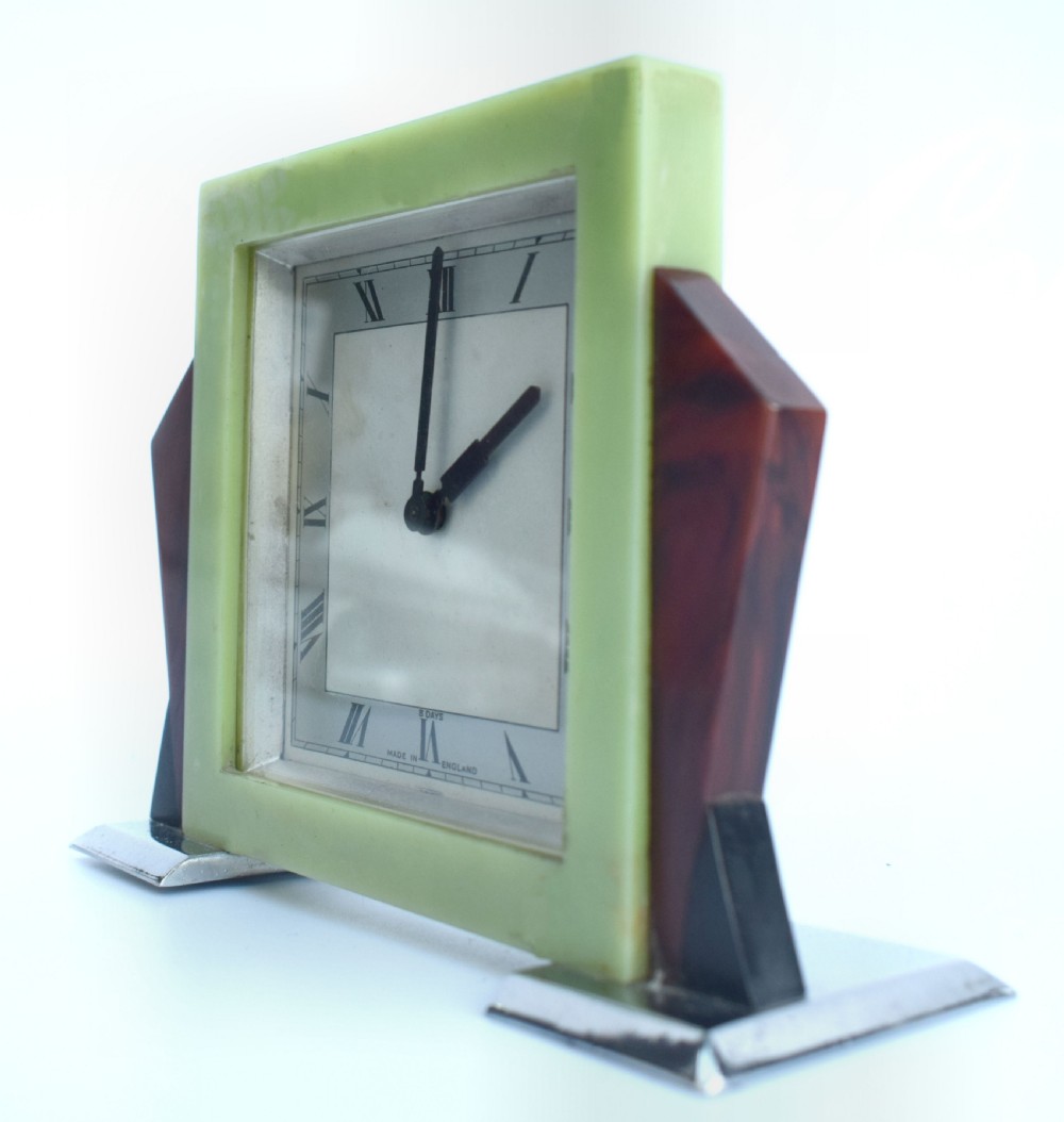 Art Deco English 8 Day Bakelite & Chrome Mantle Clock View VI