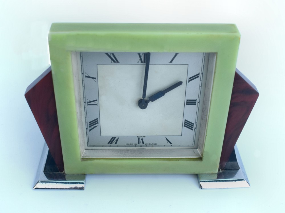 Art Deco English 8 Day Bakelite & Chrome Mantle Clock View VII