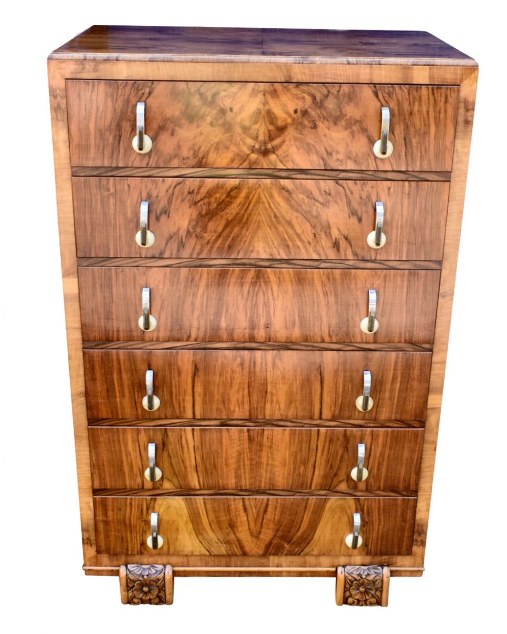 Art Deco Figured Walnut Chest of Six Drawers, 1930's 