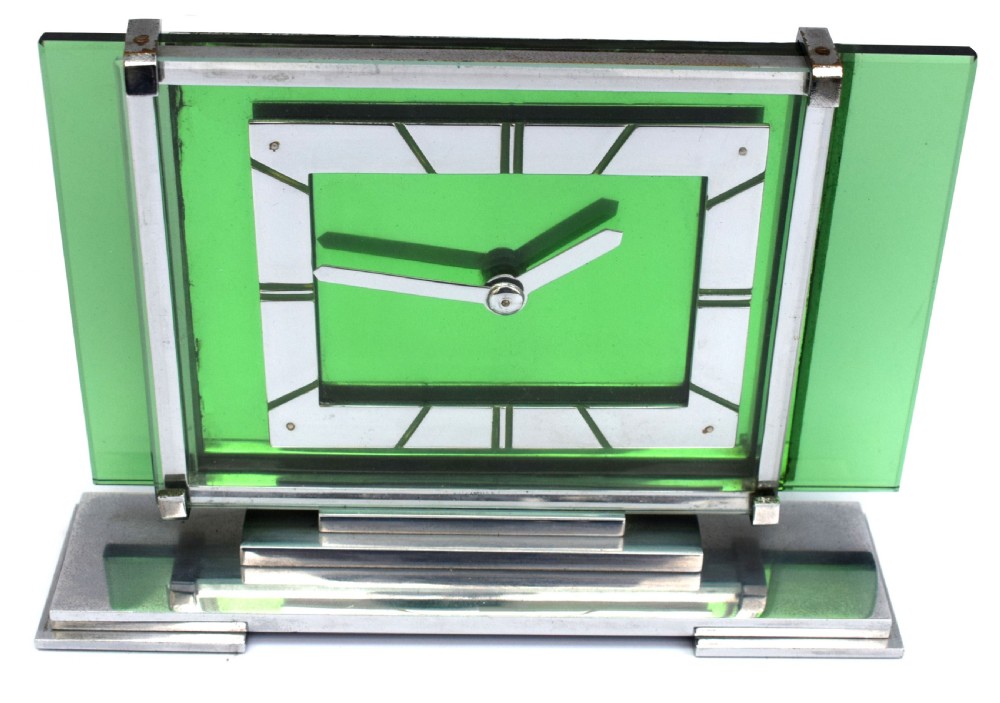 Art Deco 8 Day Green Glass and Chrome Mantle Clock By Ambec, 1930