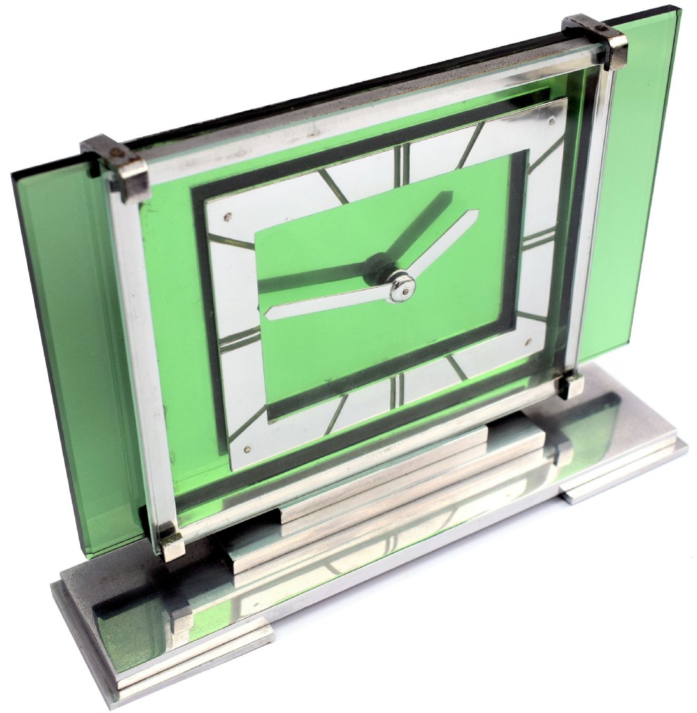 Art Deco 8 Day Green Glass and Chrome Mantle Clock By Ambec, 1930 View II