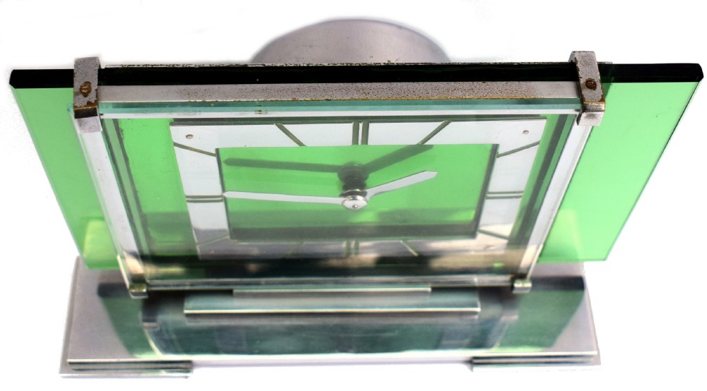 Art Deco 8 Day Green Glass and Chrome Mantle Clock By Ambec, 1930 View III
