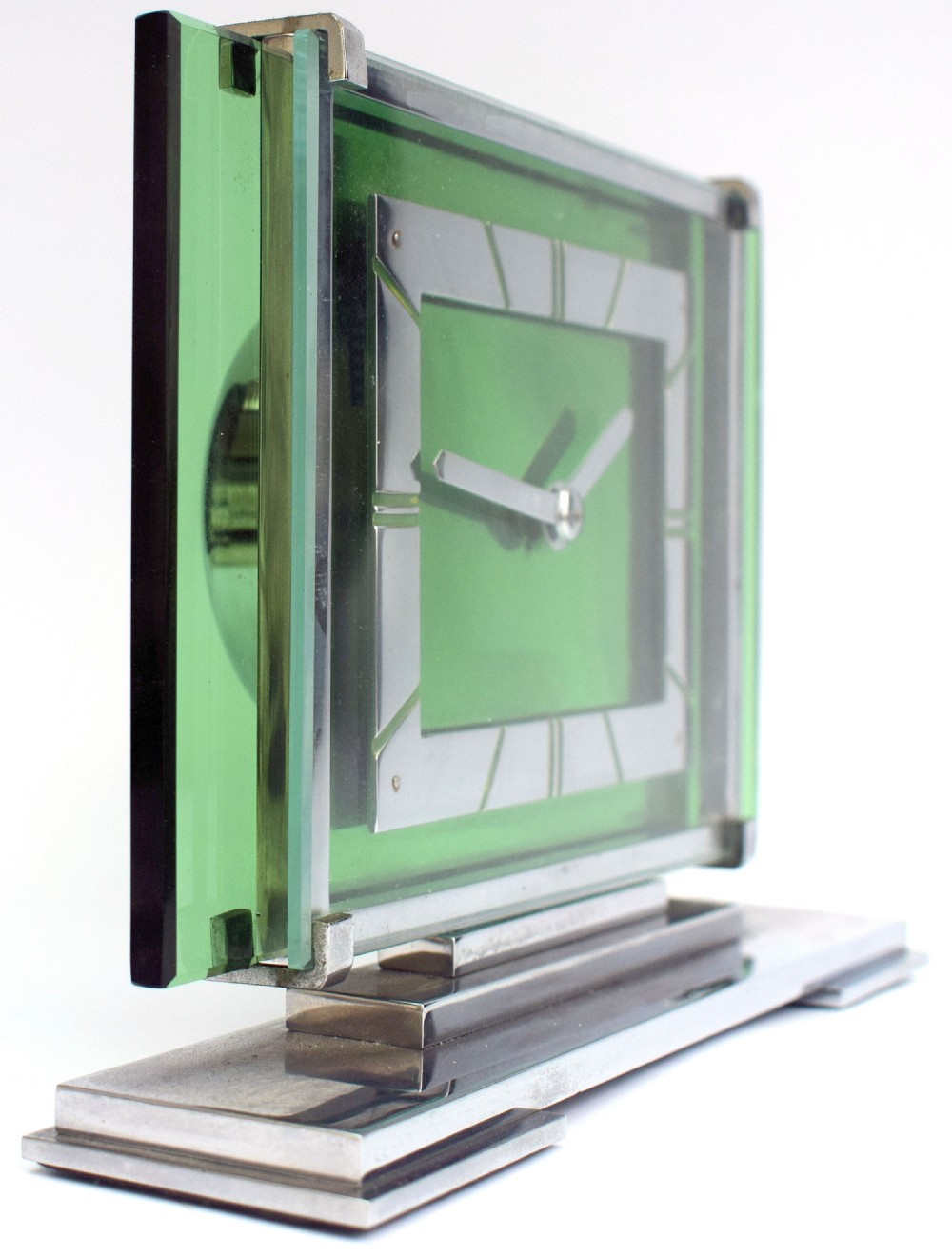 Art Deco 8 Day Green Glass and Chrome Mantle Clock By Ambec, 1930 View IV