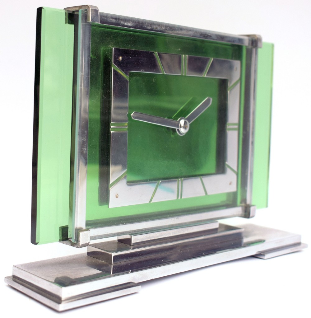 Art Deco 8 Day Green Glass and Chrome Mantle Clock By Ambec, 1930 View V