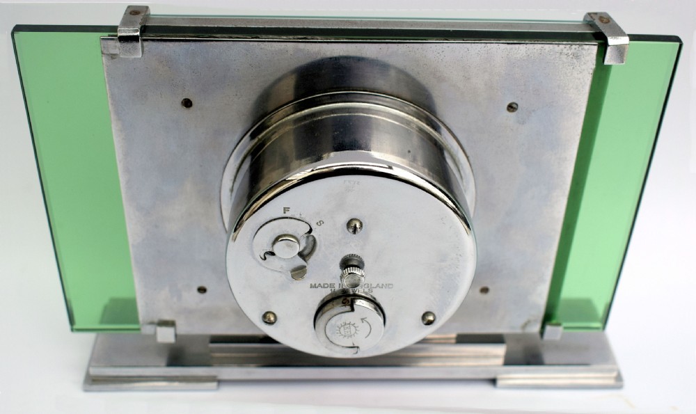 Art Deco 8 Day Green Glass and Chrome Mantle Clock By Ambec, 1930 View VIII