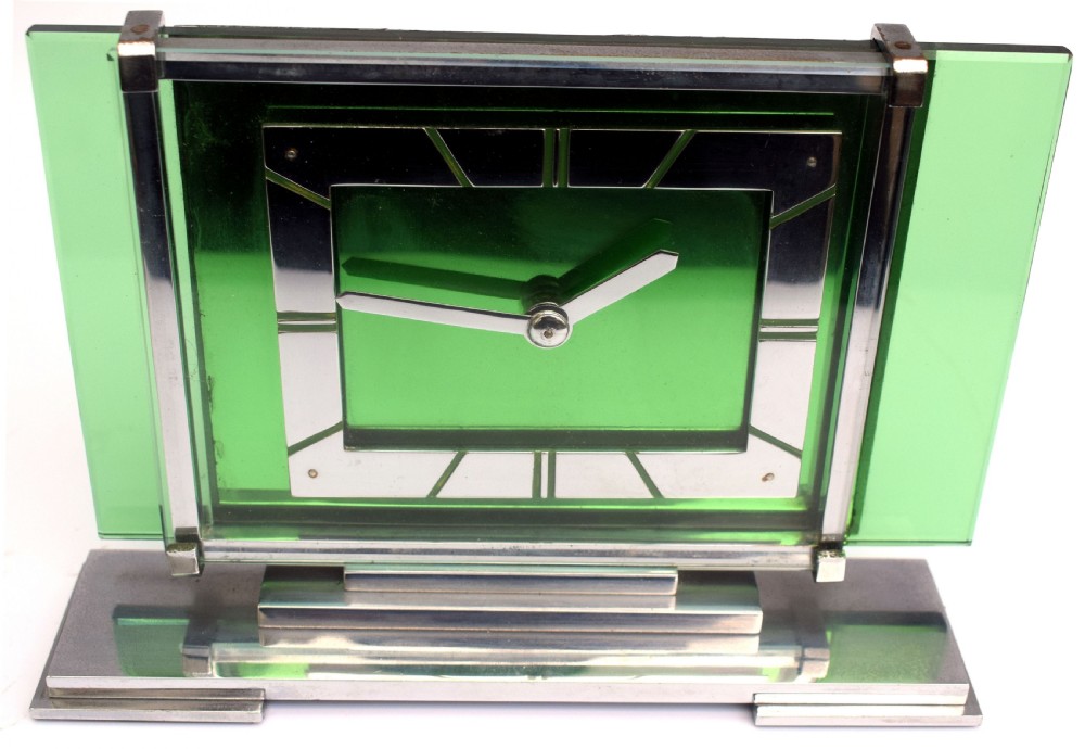 Art Deco 8 Day Green Glass and Chrome Mantle Clock By Ambec, 1930 View IX