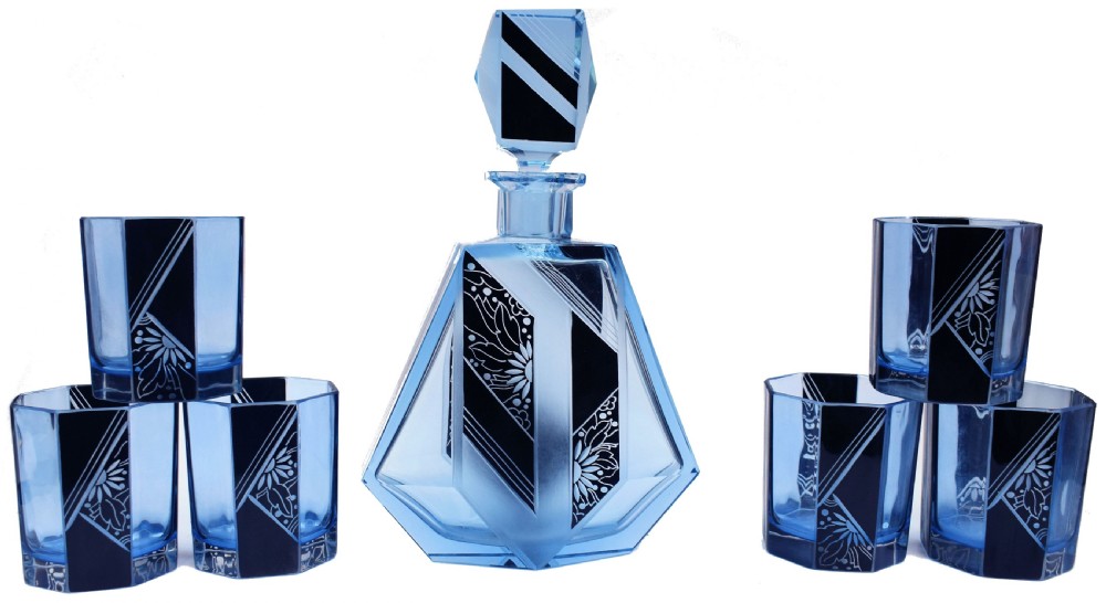 Art Deco Blue Glass Whisky Decanter Set, c1930