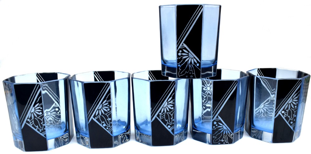 Art Deco Blue Glass Whisky Decanter Set, c1930 View II