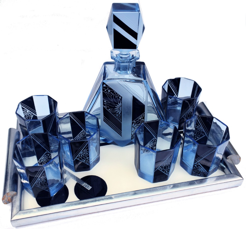 Art Deco Blue Glass Whisky Decanter Set, c1930 View VI