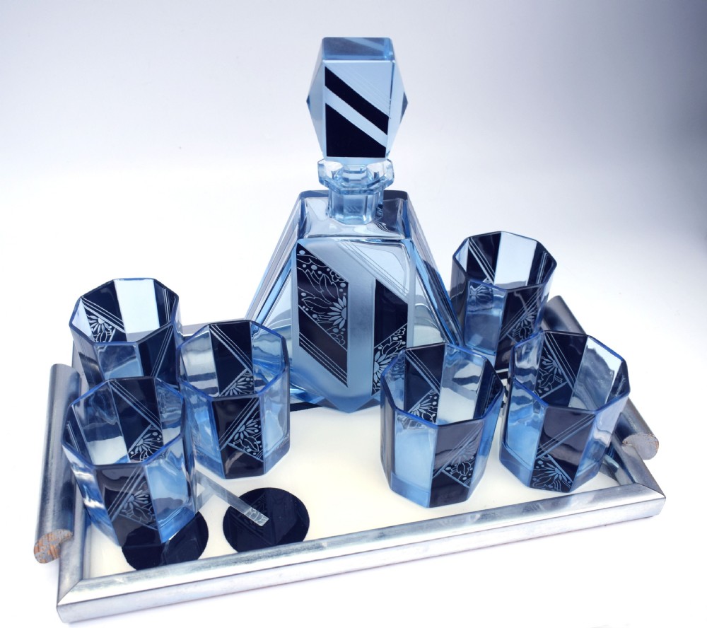 Art Deco Blue Glass Whisky Decanter Set, c1930 View VII