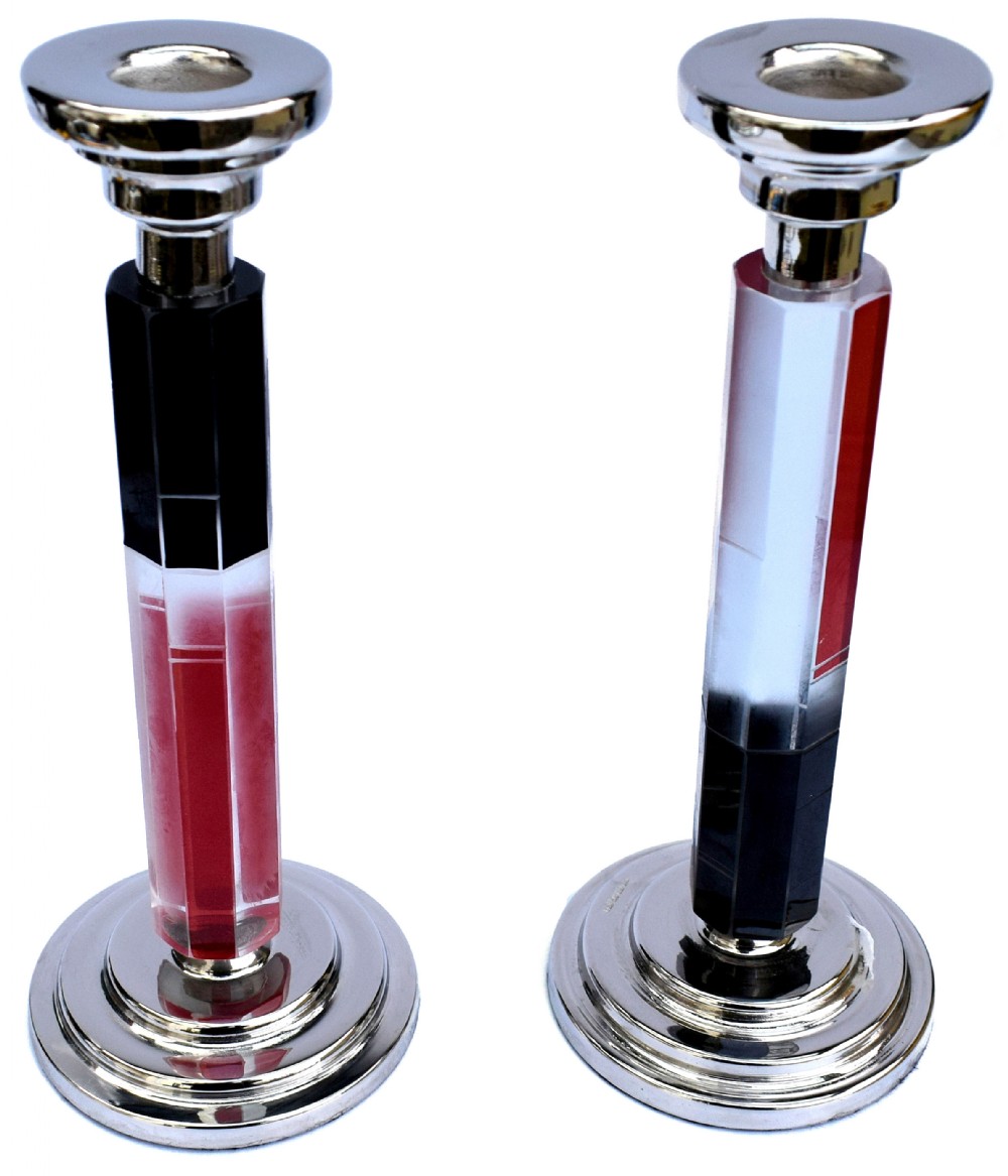 Art Deco Matching Pair of Nickel-Silver & Glass Candlesticks, c1930