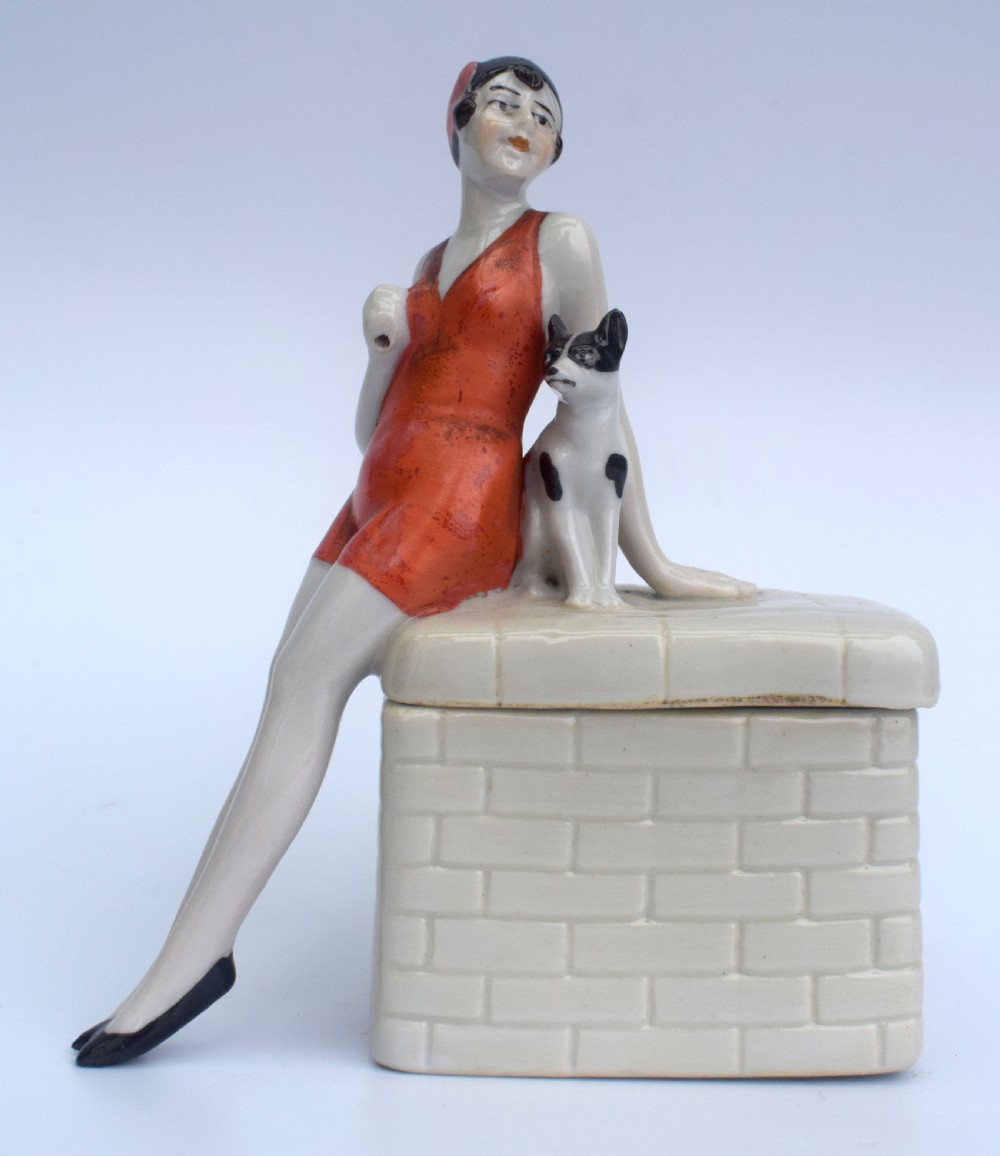 Rare Art Deco Ceramic Flapper Trinket Box, c1930