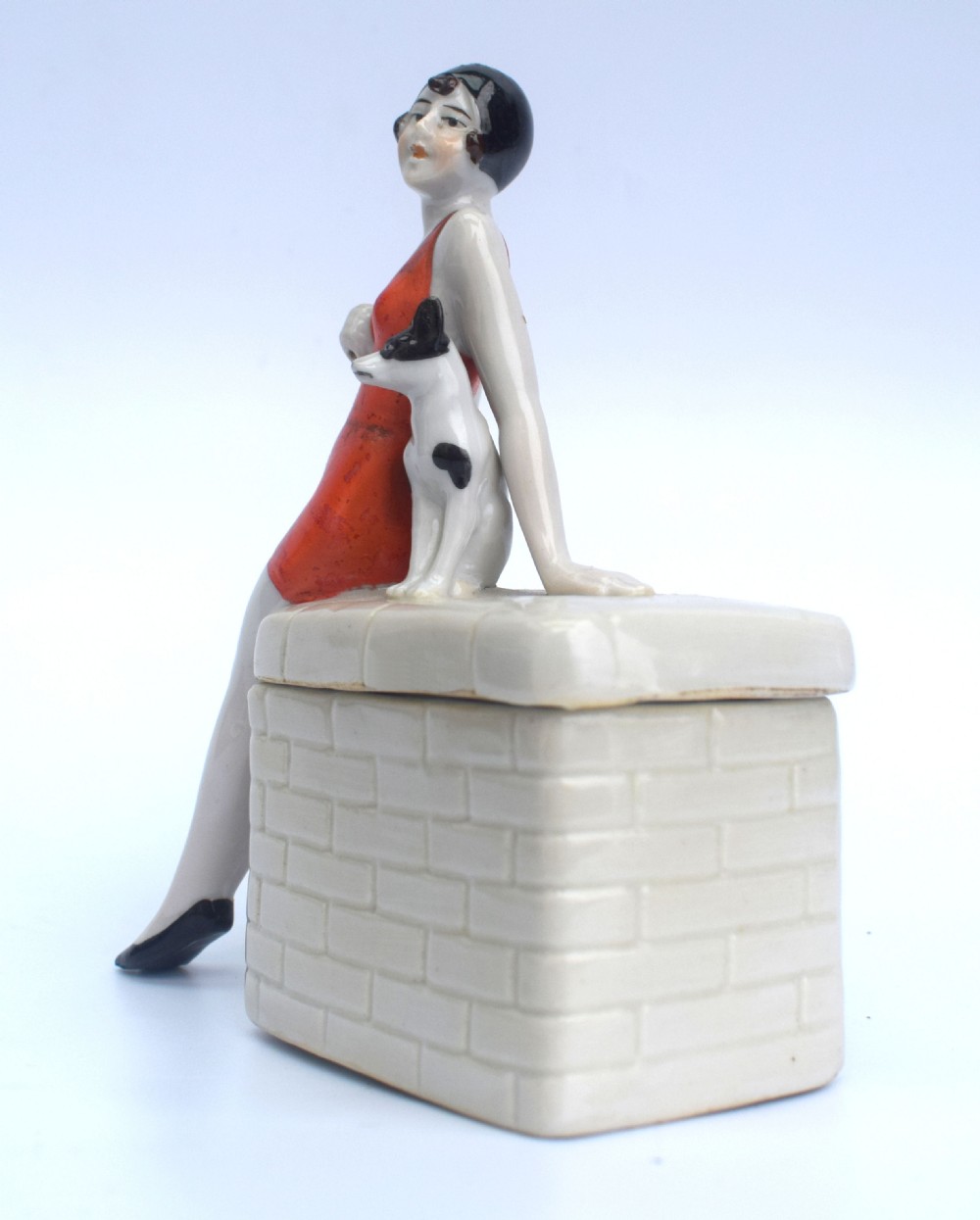 Rare Art Deco Ceramic Flapper Trinket Box, c1930 View V