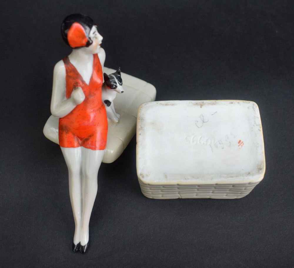 Rare Art Deco Ceramic Flapper Trinket Box, c1930 View IX