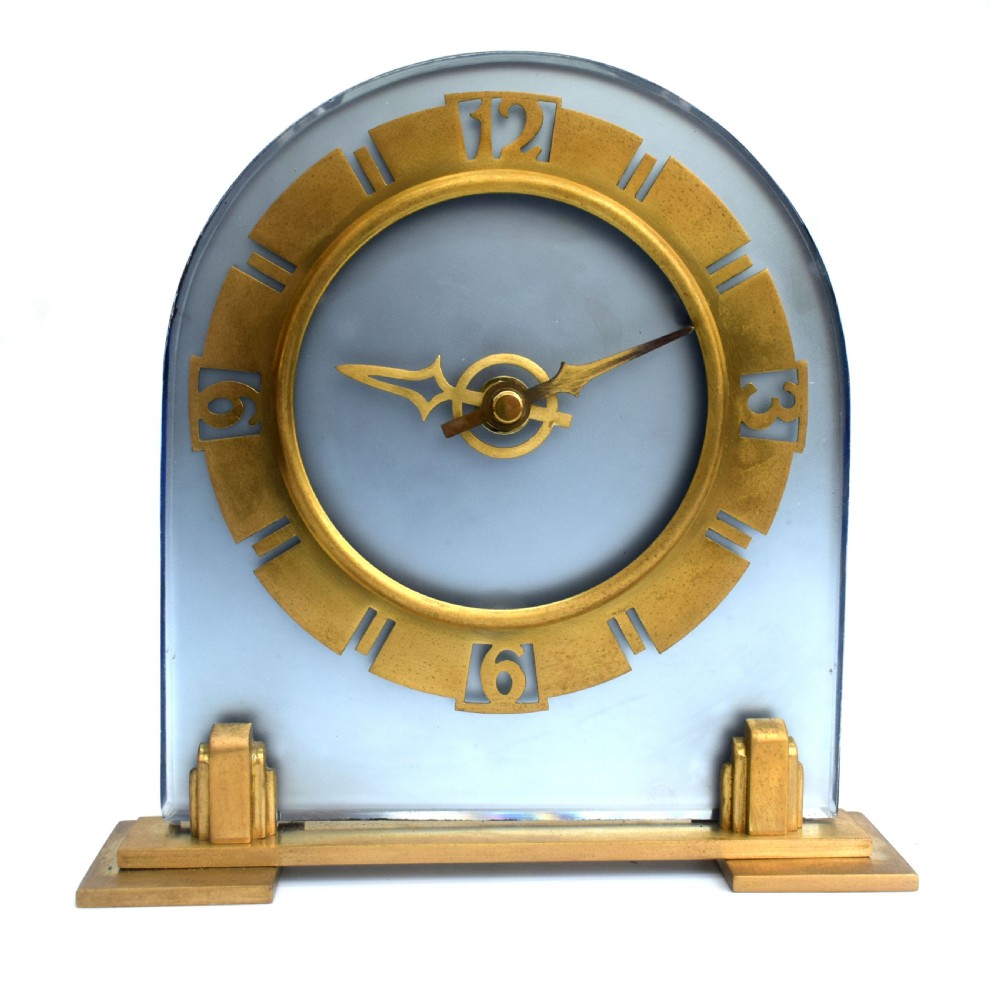 Art Deco Large Blue Glass Mantle Clock