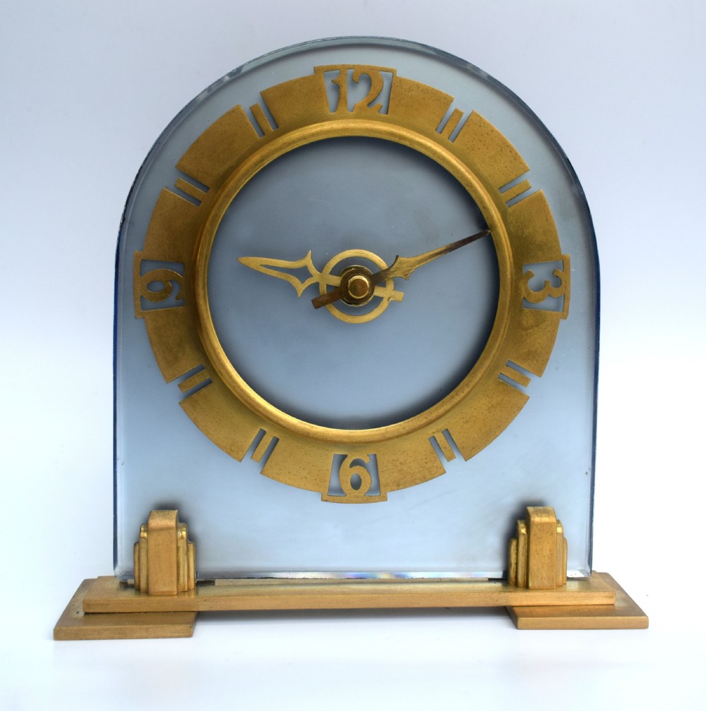 Art Deco Large Blue Glass Mantle Clock View II