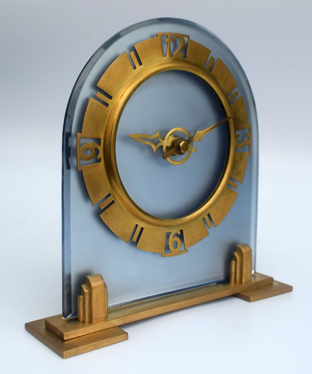 Art Deco Large Blue Glass Mantle Clock View IV