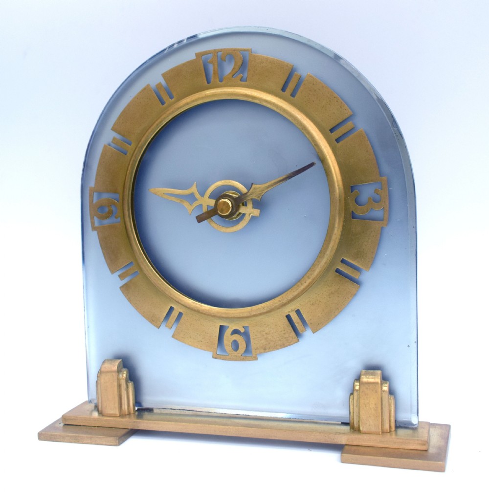 Art Deco Large Blue Glass Mantle Clock View VII