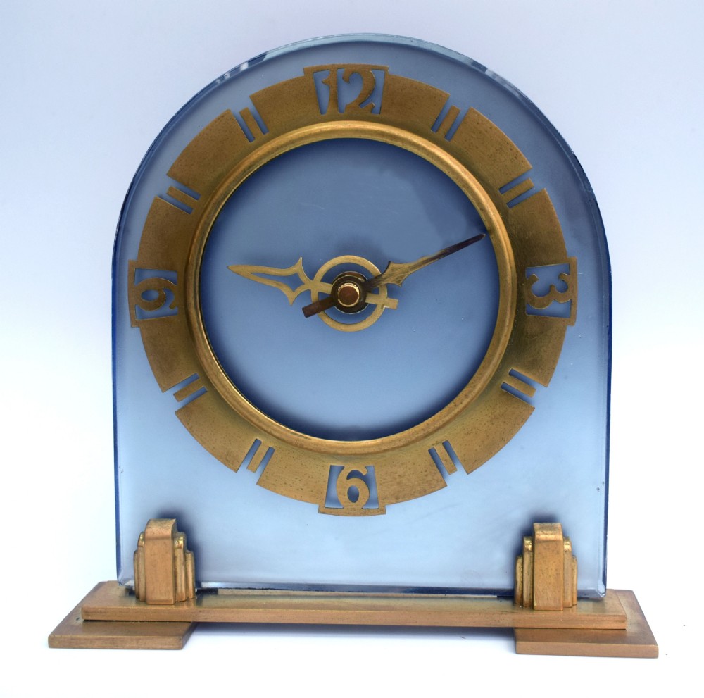 Art Deco Large Blue Glass Mantle Clock View VIII