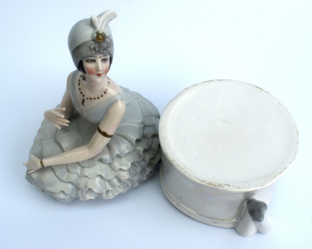 Rare Art Deco Porcelain Flapper Powder Box, c1930 View II