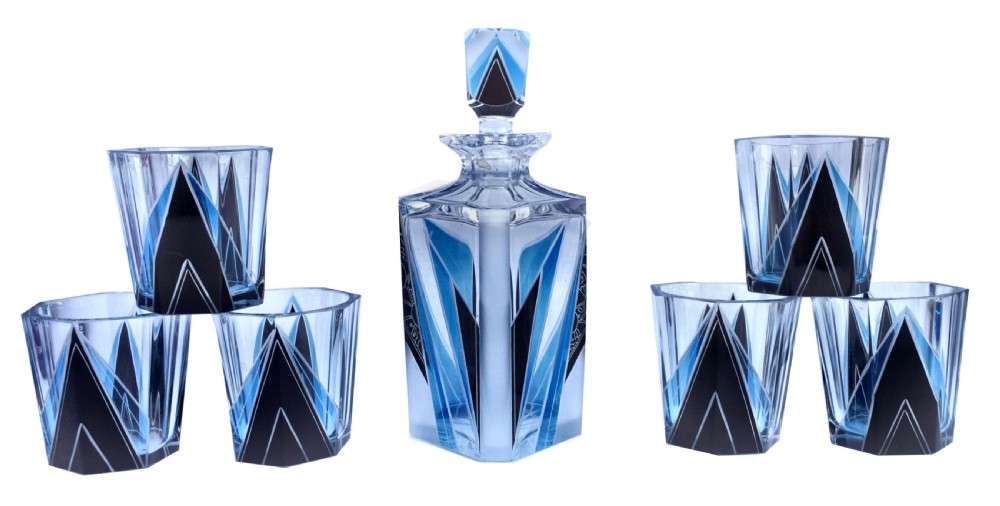 Art Deco Blue & Black enamel Glass Decanter Set, c1930