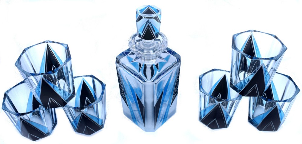 Art Deco Blue & Black enamel Glass Decanter Set, c1930 View III