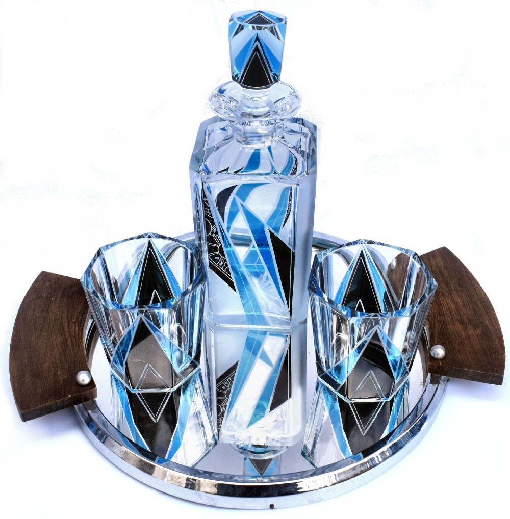 Art Deco Blue & Black enamel Glass Decanter Set, c1930 View IV