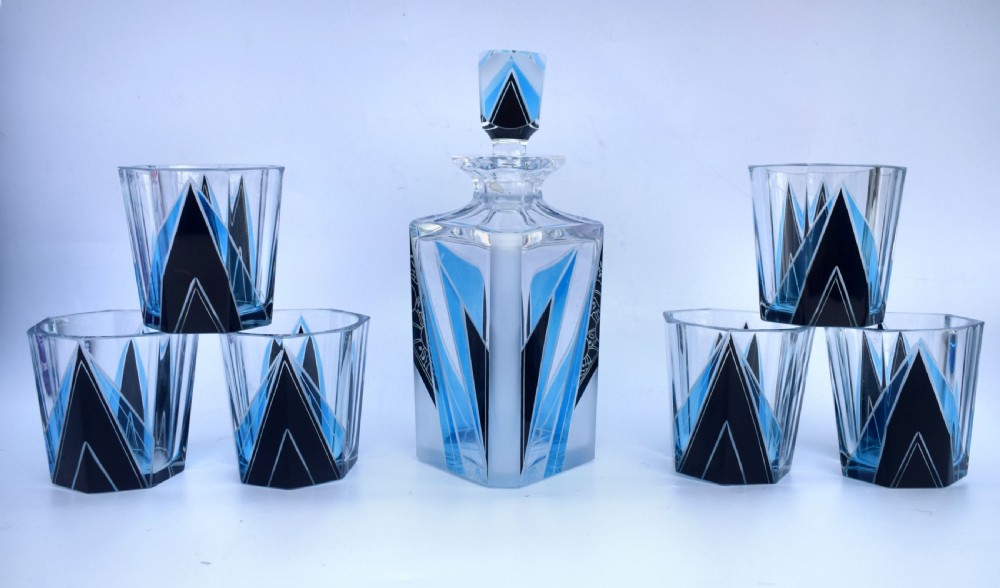 Art Deco Blue & Black enamel Glass Decanter Set, c1930 View VI