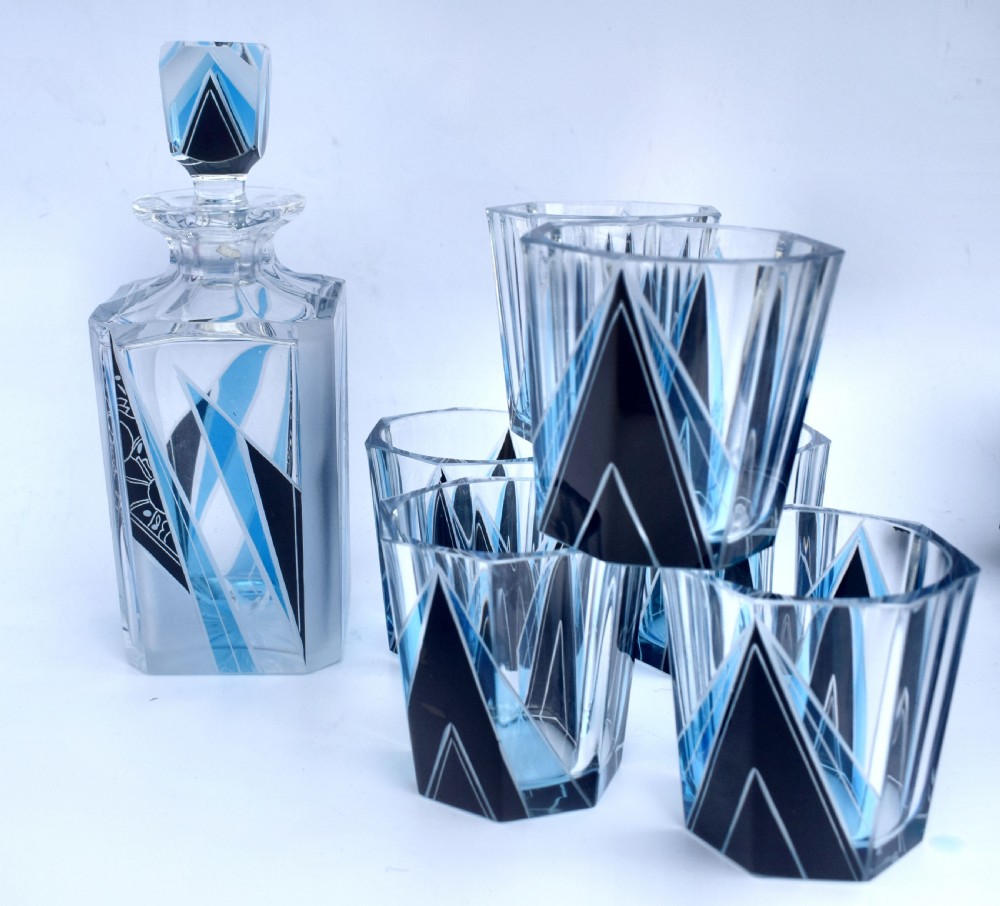 Art Deco Blue & Black enamel Glass Decanter Set, c1930 View VII