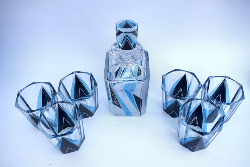 Art Deco Blue & Black enamel Glass Decanter Set, c1930 View VIII