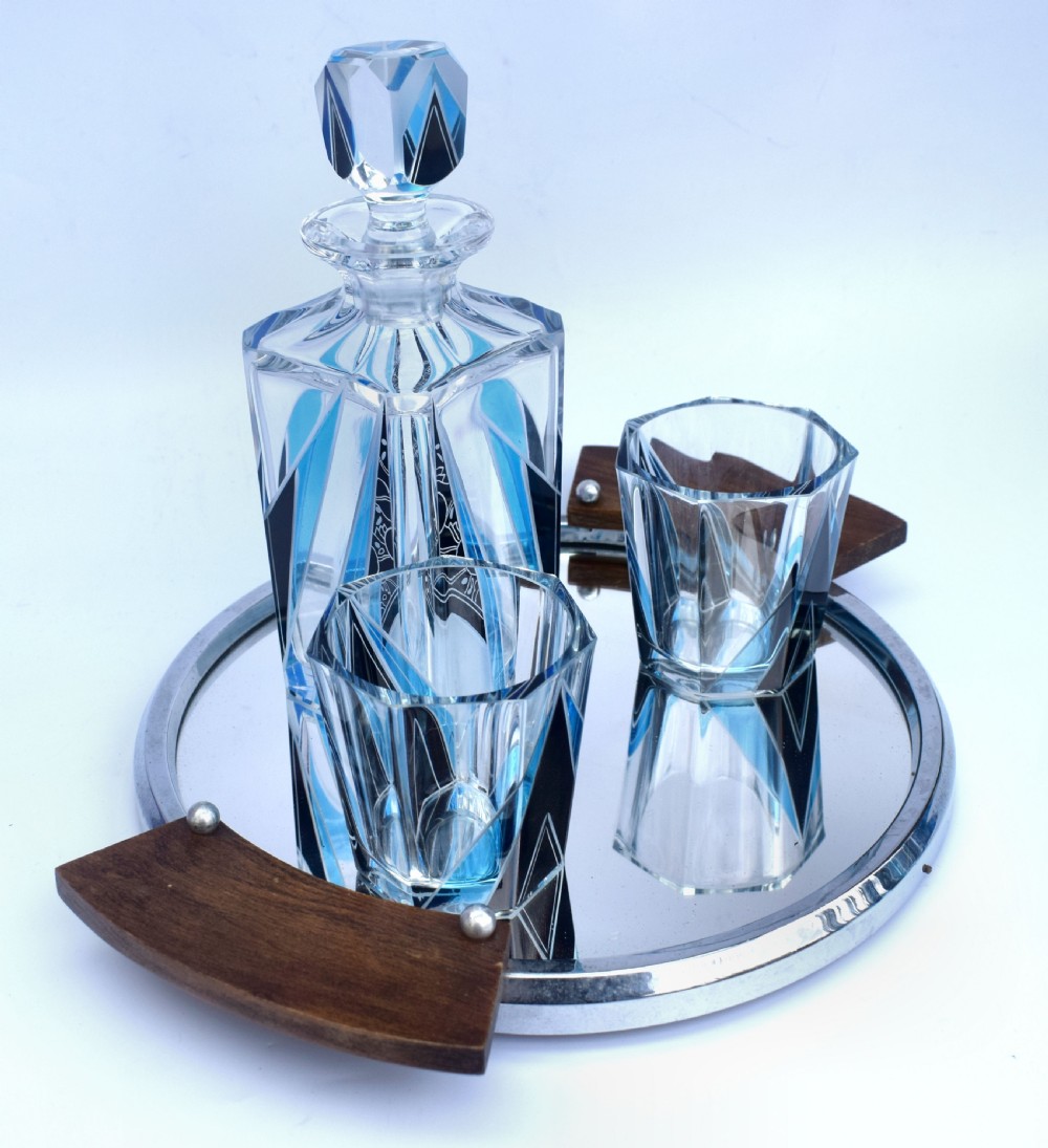 Art Deco Blue & Black enamel Glass Decanter Set, c1930 View IX