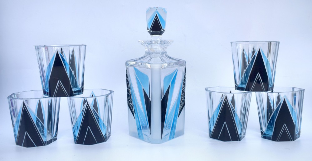 Art Deco Blue & Black enamel Glass Decanter Set, c1930 View X