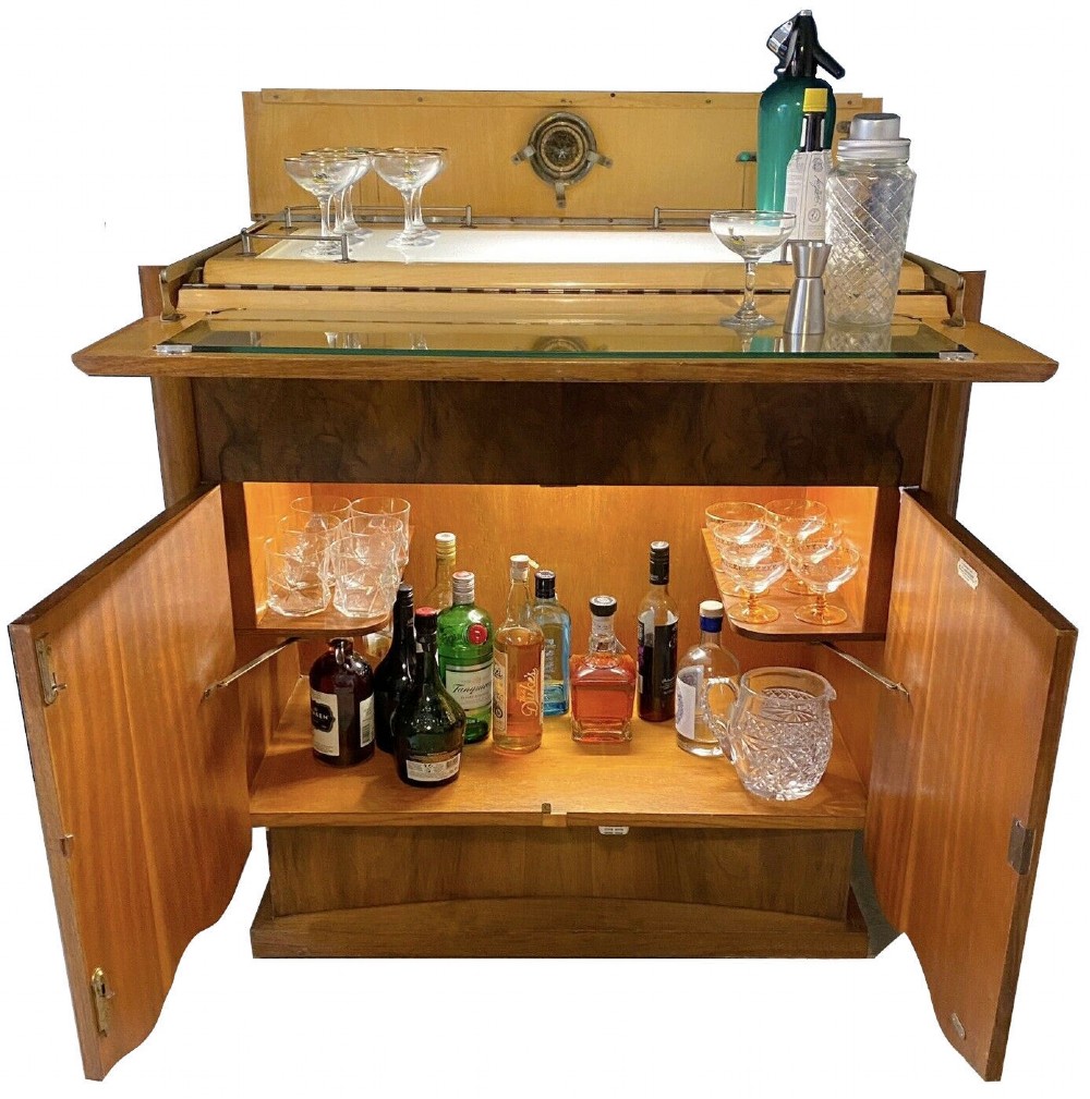 Art Deco Illuminated Walnut Cocktail Cabinet Bar
