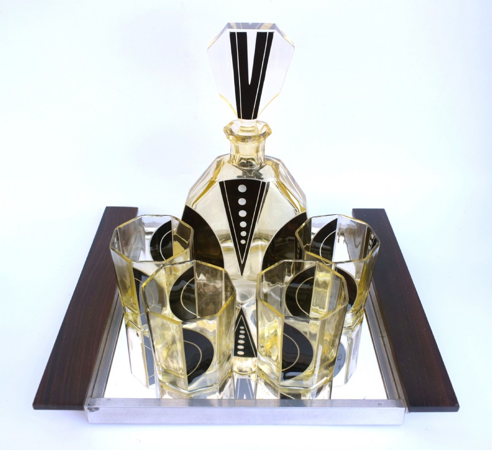Art Deco 1930's Czech Geometric Glass Decanter Set View II