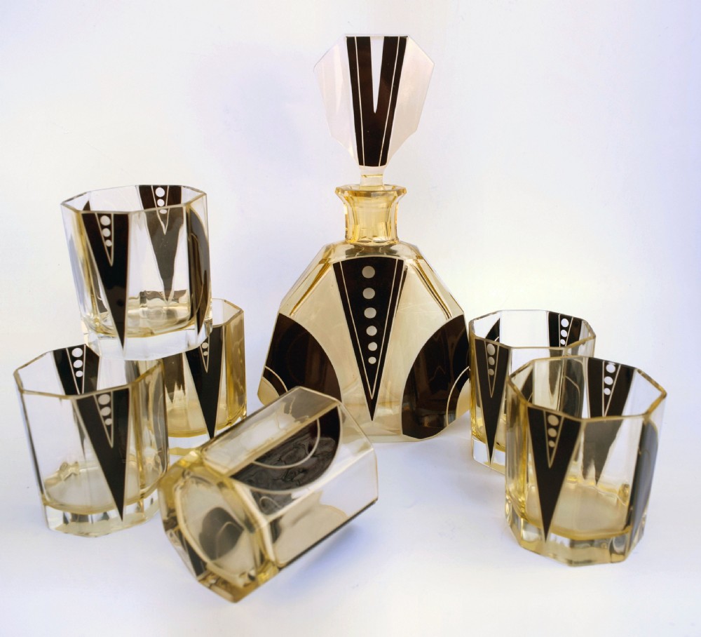 Art Deco 1930's Czech Geometric Glass Decanter Set View VII