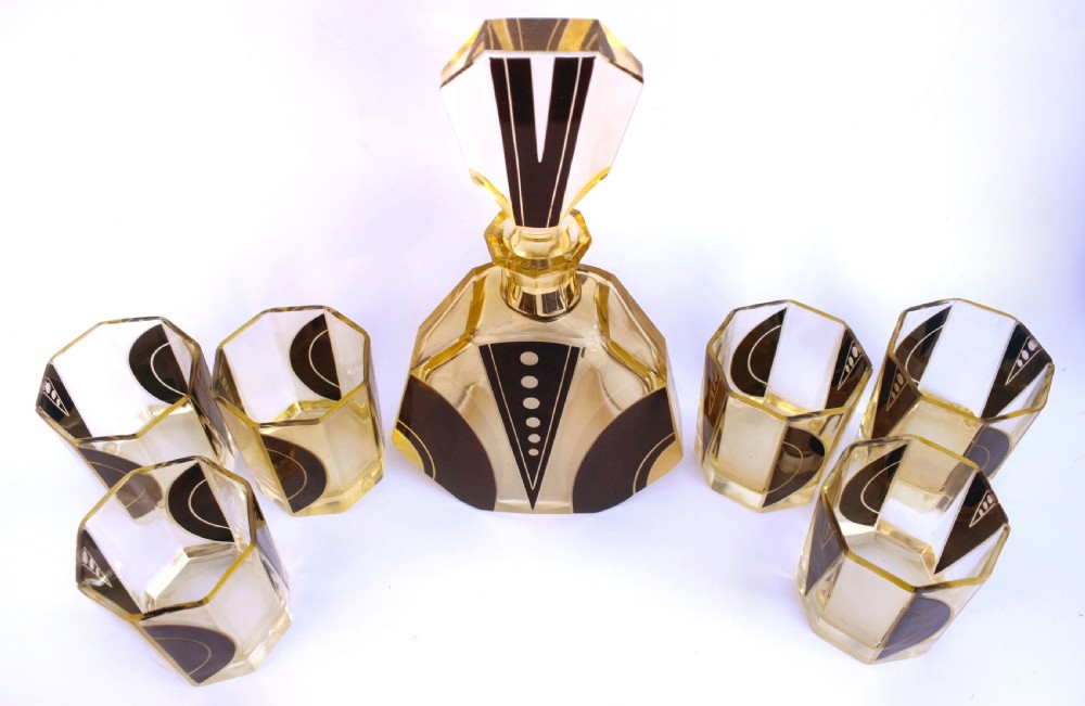 Art Deco 1930's Czech Geometric Glass Decanter Set View VIII