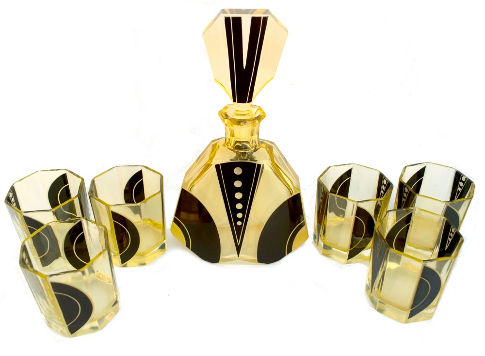 Art Deco 1930's Czech Geometric Glass Decanter Set View IX
