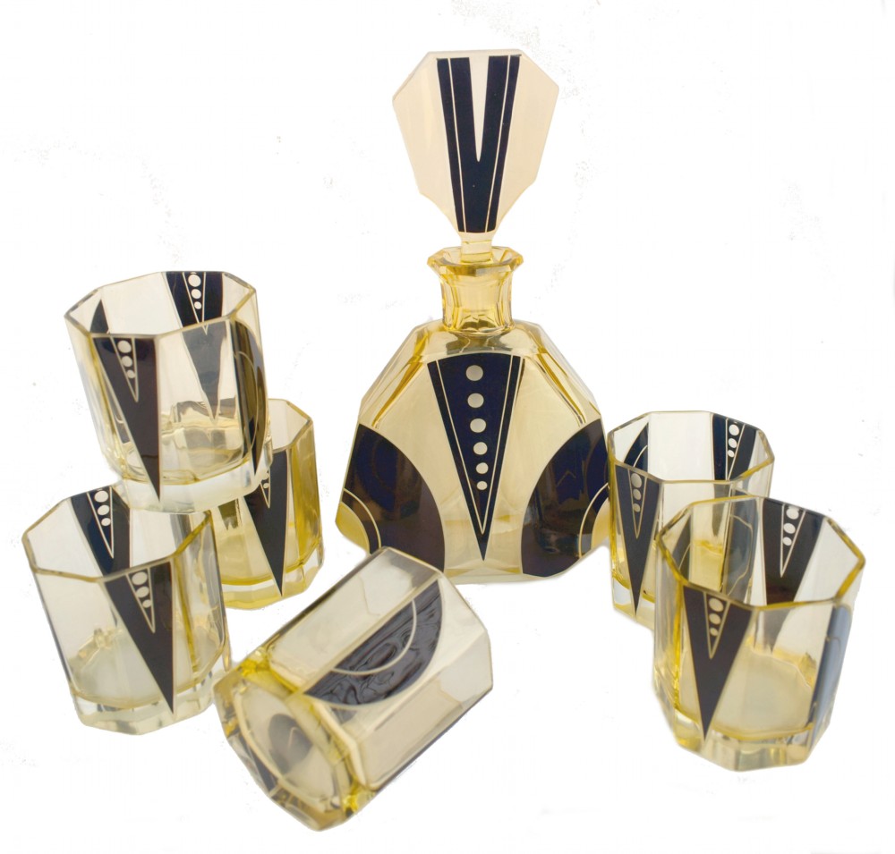 Art Deco 1930's Czech Geometric Glass Decanter Set View X
