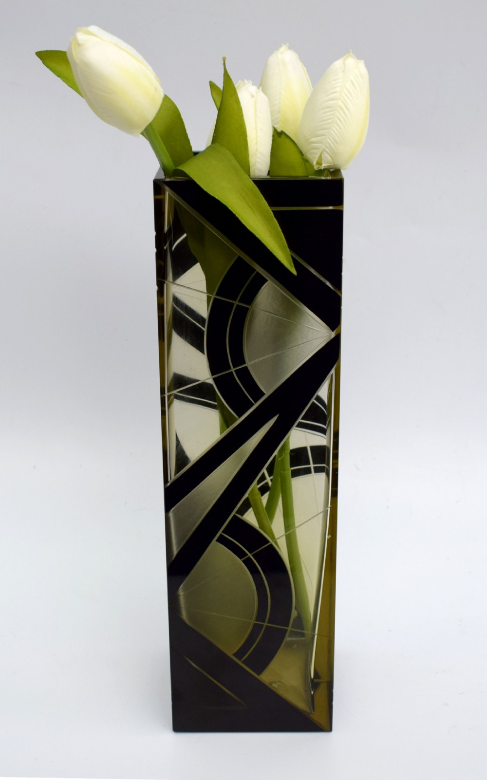 Art Deco Glass & Enamel Etched Vase