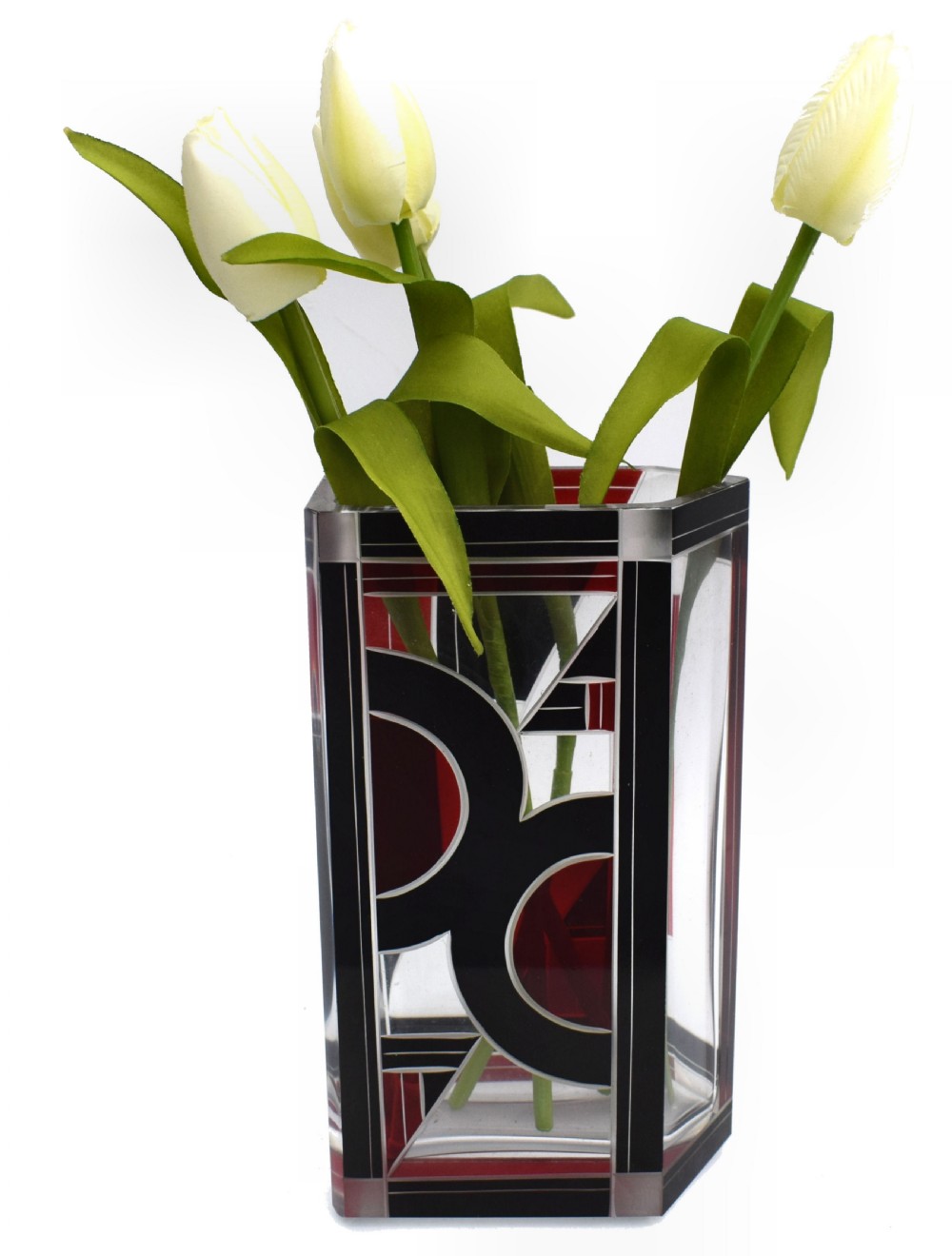 A rectangular clear glass Art Deco vase featuring geometric black and red enamel patterns. View II